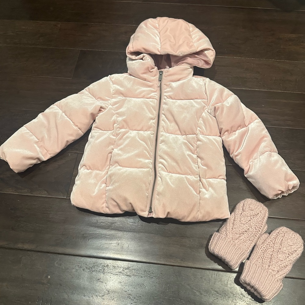 Baby GAP Kids Velour Pink Puffer Jacket with Mittens